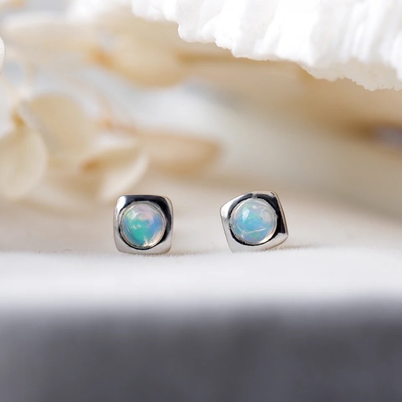 Natural Ethiopia Real Opal Ear Studs - Rainbows Opal Sterling Silver Earrings - Picture 6 of 12